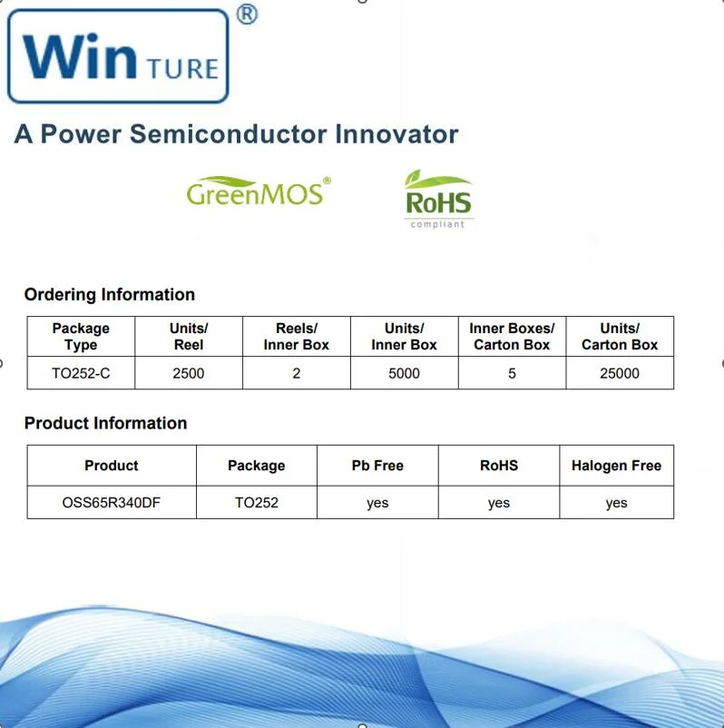 Telecom RoHS potencia 1/3 de costo de nitruro de galio (GaN) Dispositivo en las operaciones de alta frecuencia Super Si Oss65r340DF252 Mosfet