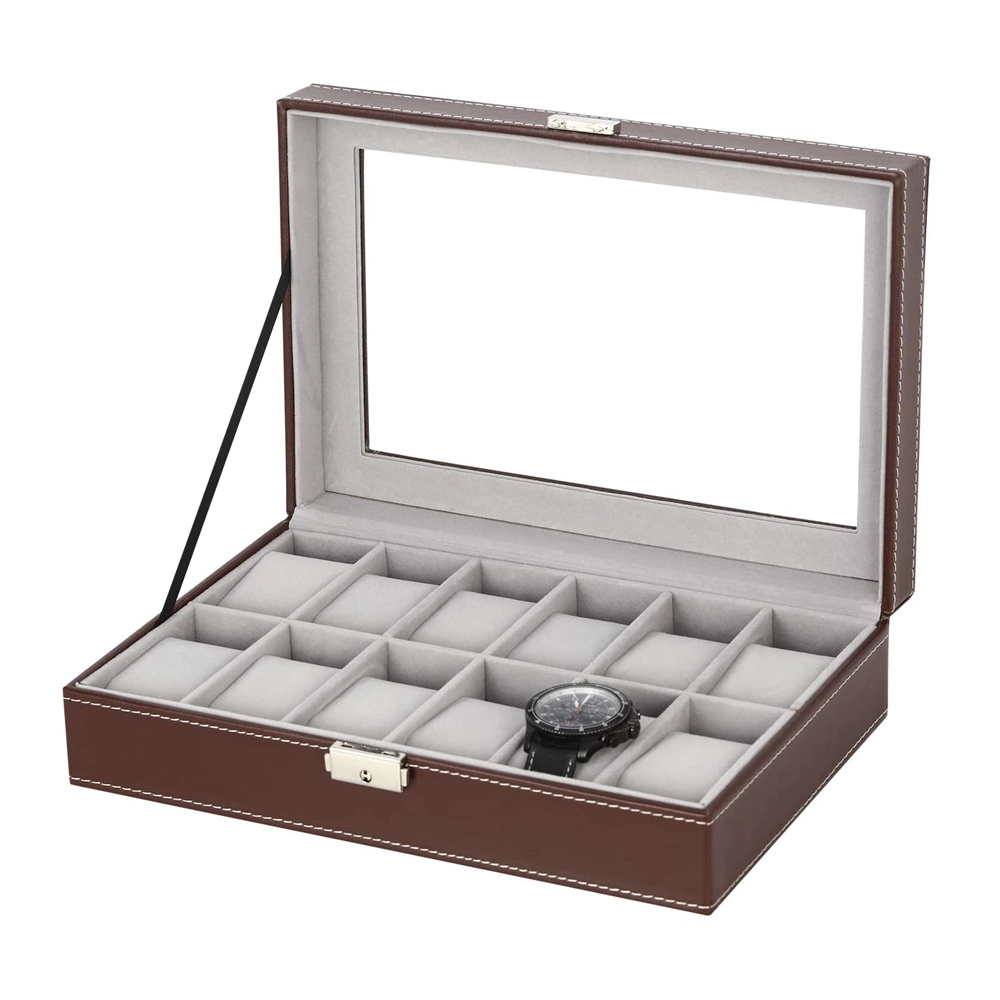 Glass Top PU Box 12-Slot Leather Watch Case Organizer Watches Holder for Men