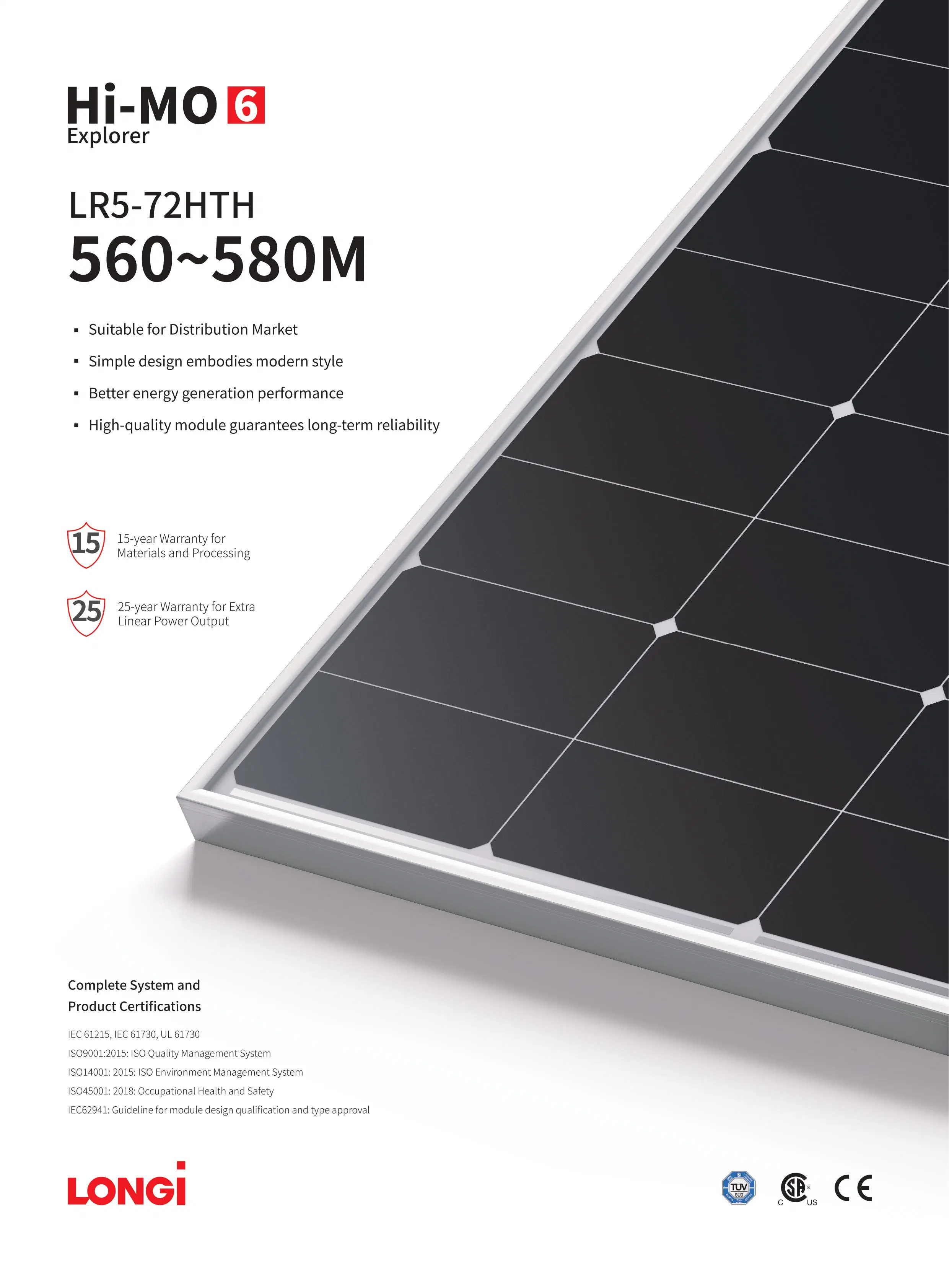 Módulos fotovoltaicos de panel solar de alta potencia Longi Hi-Mo6 LR5-72htd-560m 560W 560 vatios