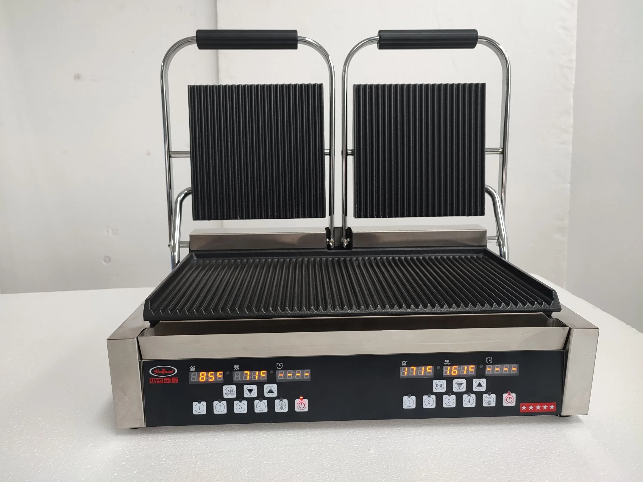 Double Plate Electric All Grooved Commercial Panini Contact Grill with Digital