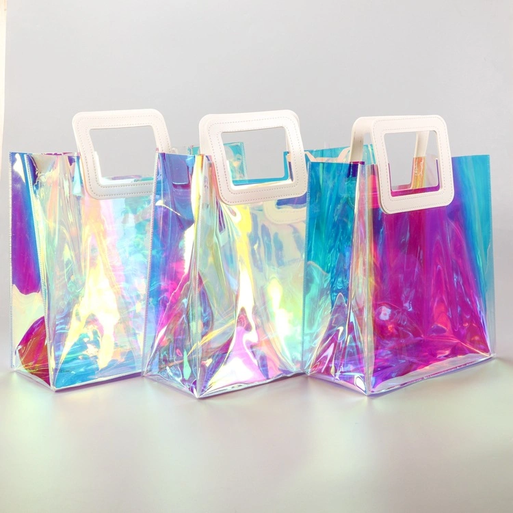 Fashion Customized Shinning Lady Transparent PU Handbags Clear Laser Women Tote Beach Bag