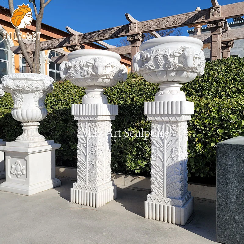 Jardín blanco tallado Diseño jarrón mármol Piedra macetas