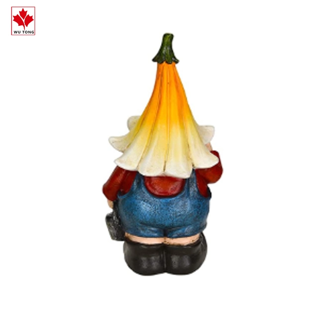 Funny Ornament Craft Resin Gnome Ready to Work Wearing a Flower Hat Figurine Garden Decor