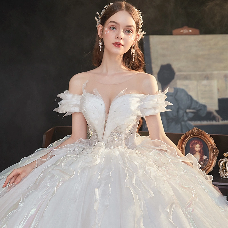 Wd085 Starry Trailing Temperament Bride French Light Hepburn Dream One-Shoulder Wedding Dress Bridal Wedding Dress