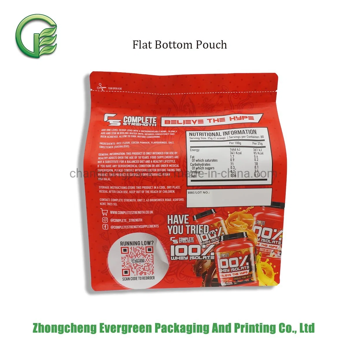 Food Packaging Bag Powder Nutritional Supplements 2kg Large Flat Bottom Ziplock Quad Seal Box Pouch