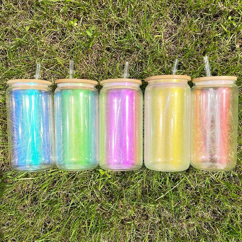 16oz 20oz Blank Sublimation Iridescent Rainbow Glitter Ombre Color Iridescent Glass Can with Bamboo Lid and Straw for Water, Wine, Beer, Cocktails