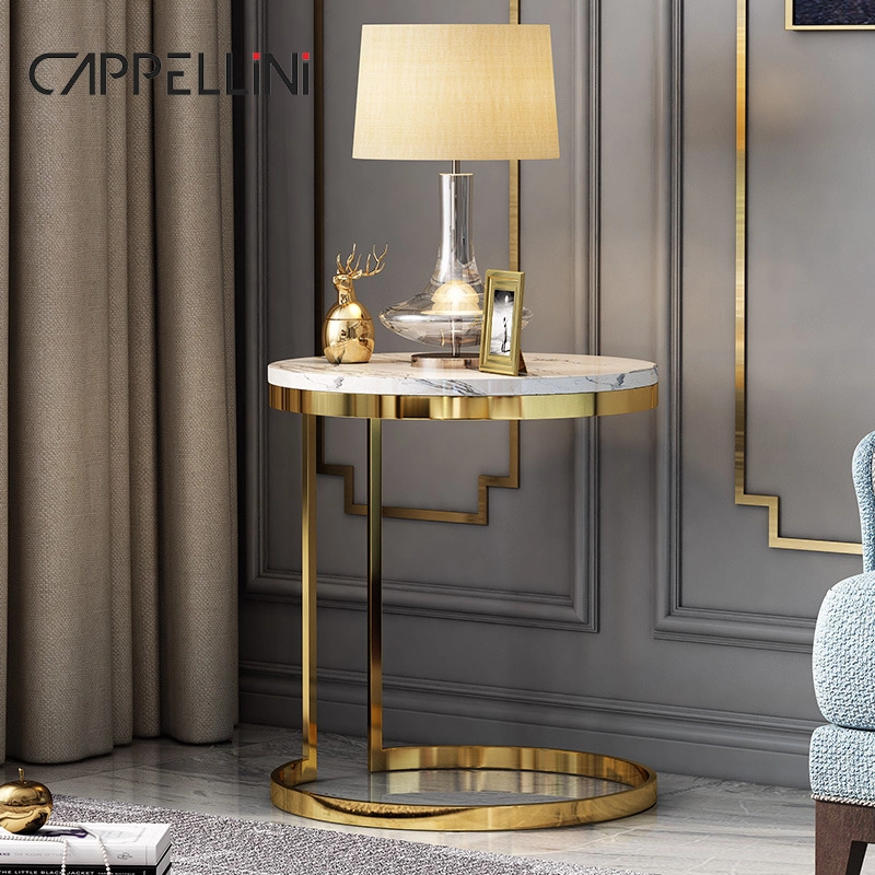 Современный дизайн круглый стол из золотого металла с небольшим диваном Стол гостиная Мебель Белая Топ мраморный кофейный стол