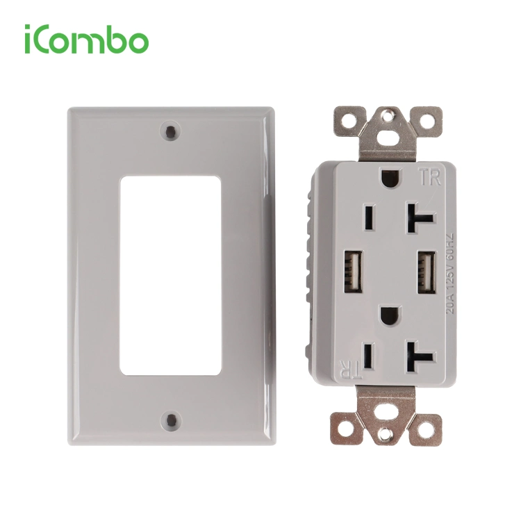 Us Standard Twin 3 Pin Switch Socket Wall Outlet Receptacle with USB Type C with UL Certificate