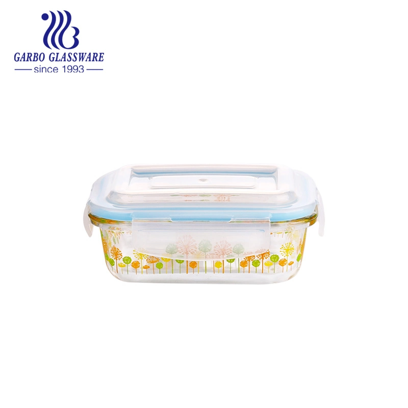 Heat Resistant 360ml High quality/High cost performance  Flower Decal Glass Lunch Box Food Storage Container Set Glassware
