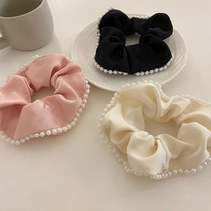 Wholesale Custom New Style Satin Silk Scrunchies Elegant Pearl Sweet Elastic Hair Bands