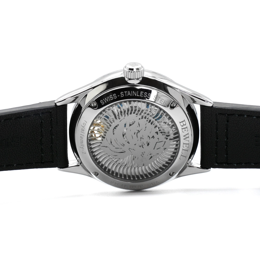 Bewell Nuevo Skeleton Mechanical Mens Zinc Alloy Watches Custom Logo Correa de cuero auténtico Reloj automático para hombres