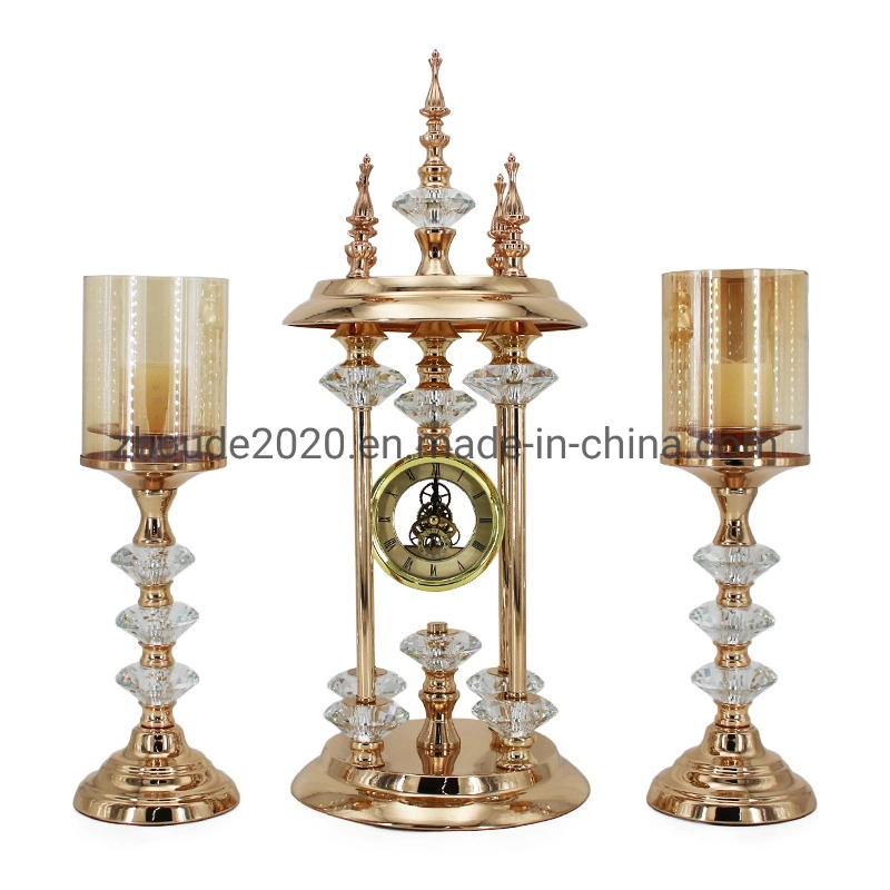 Light Luxury K9 Crystal Pagoda Top Desktop Clock Gold Silver Metal Candle Holder Set for Home Wedding Decor