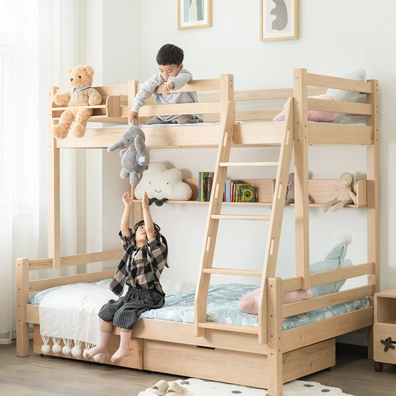 Solid Wood Eco-Friendly Children Bedroom Furniture Wooden Bunk Bed with Stairs