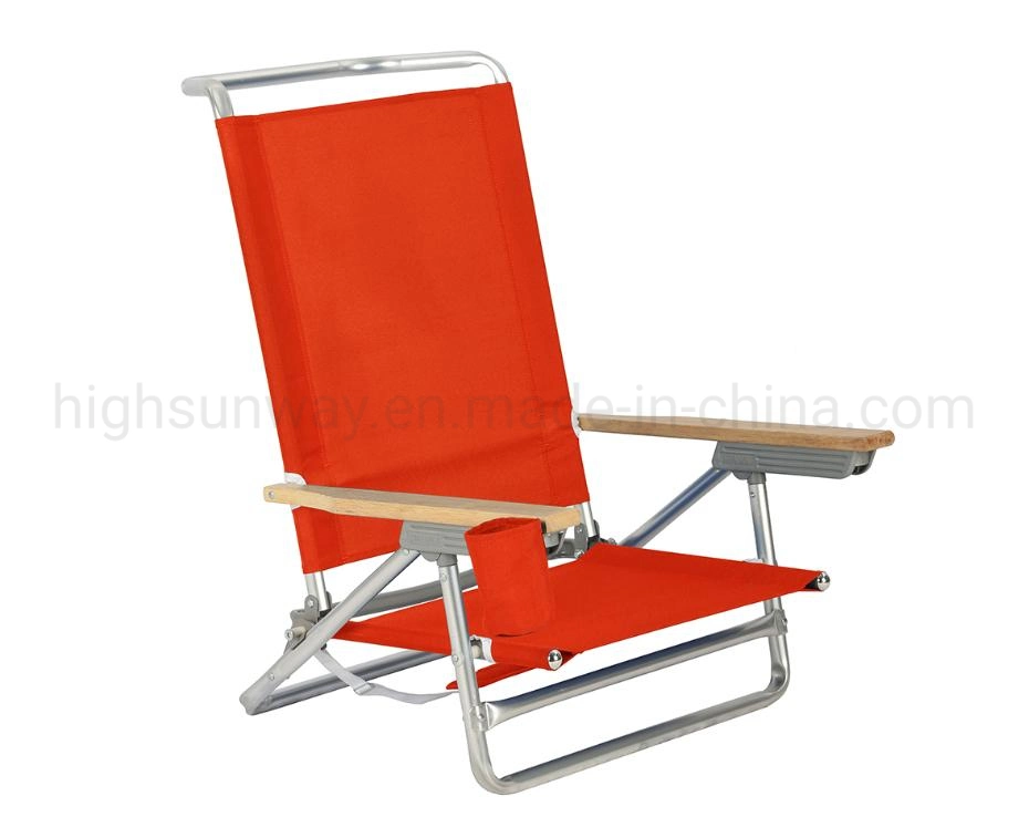 Fashionable Stylish Folding Chair, Aluminum Beach Chair with Wooden Armrest, Camping Chair with Lower Seat and Back Hand Holder