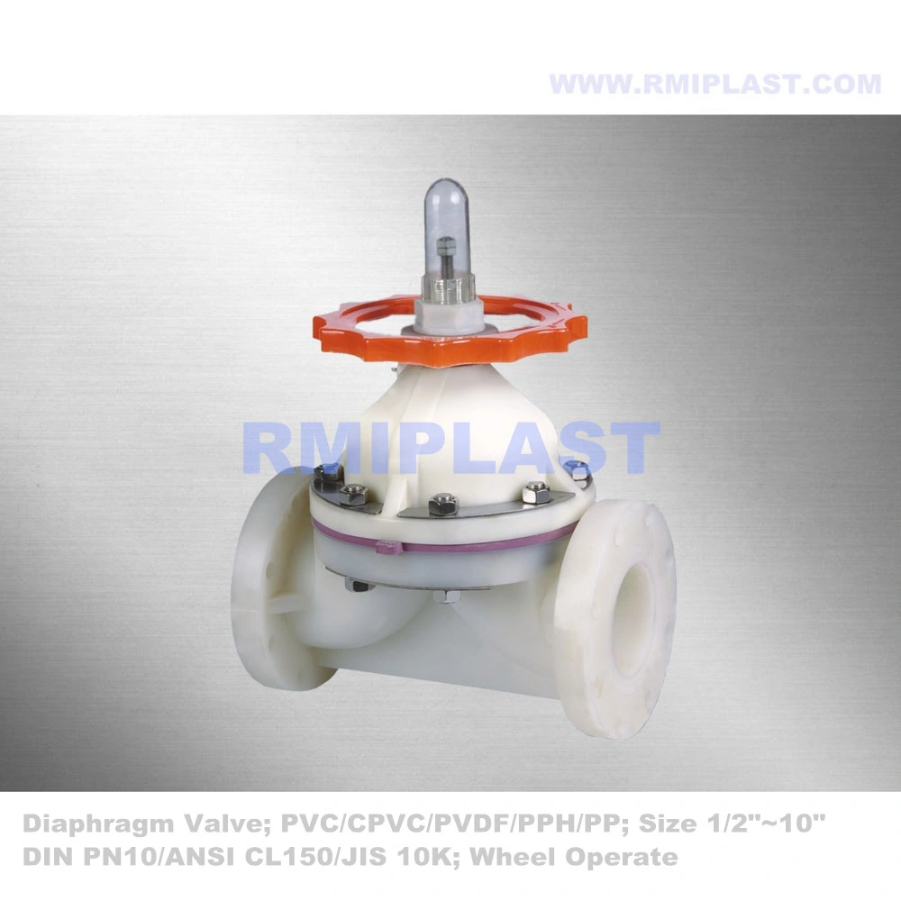 Polyvinylidene Fluori Diaphragm Valve PVDF Body PTFE Membrane Weir Type Flange End ANSI Class 150 Manuel Wheel 5" 6" 8" 10"