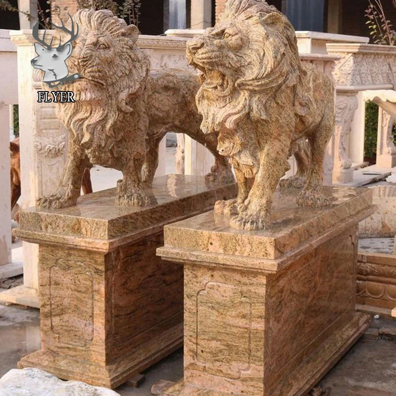 Outdoor Entrance Lion Sculptures Hand Carved Yellow Granite Marble Stone Lion Sculpture with Big Pedestal