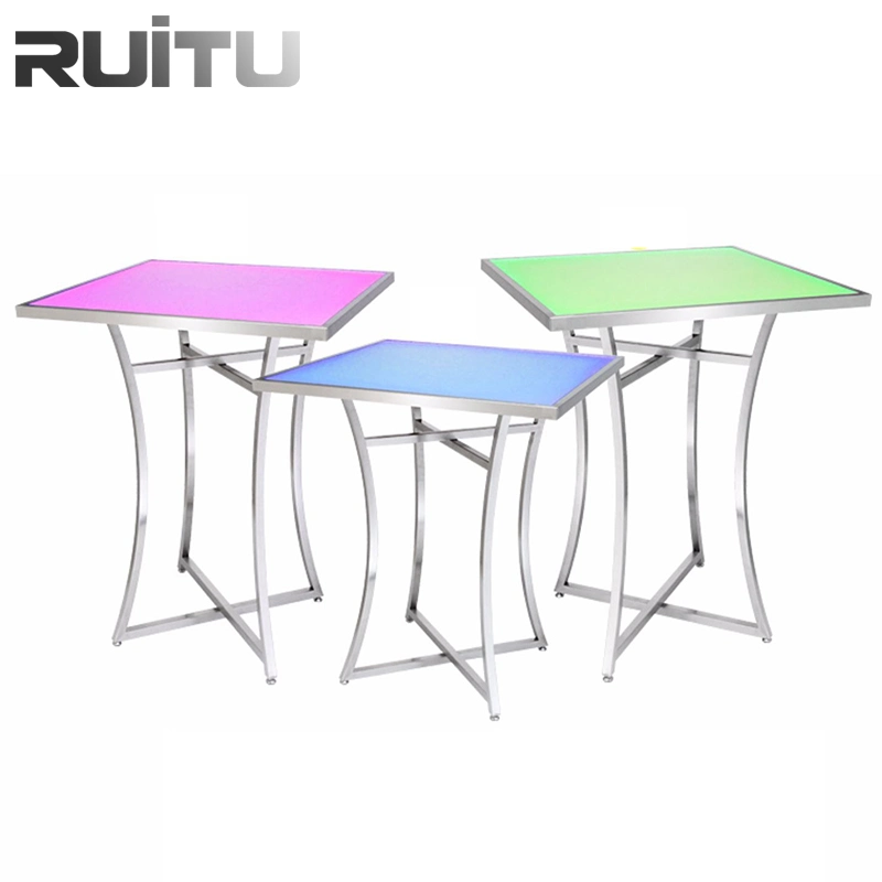 Buffet Catering Restaurant Dining Table Furniture for Wedding and Event Round Foldable Mirror Glass Top Cocktail LED Light Decoration Bar LED Event Coffee Table