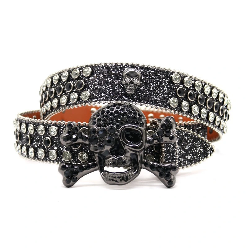 Retro Western Cowboy Bling Light Siam Black Rhinestone Belt Pumpkin Studded Belt with Custom Removable Skull Buckle