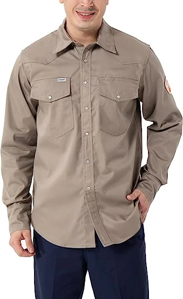 مصنوع خصيصًا من Fr WorkWear Nfpa2112 عالي الجودة مقاوم لشعلات FRC قميص رجالي مثبط للحريق