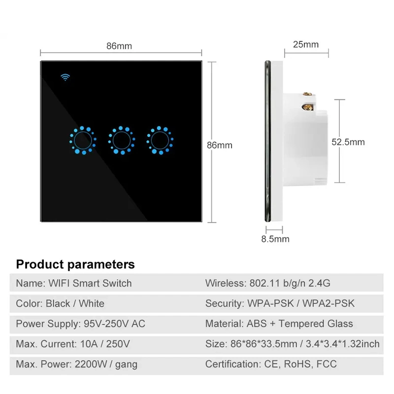 Alimentação de fábrica 86 tipo Euro APP padrão Intelligent Controle Remoto 3 Pista Power Parede WiFi Switch inteligente