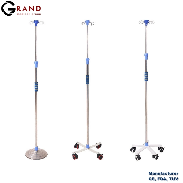 Blood Support Hospital Furniture Transfusion Removable Stainless Steel 4 Hook IV Pole Infusion Stand with Wheels Medical Supply