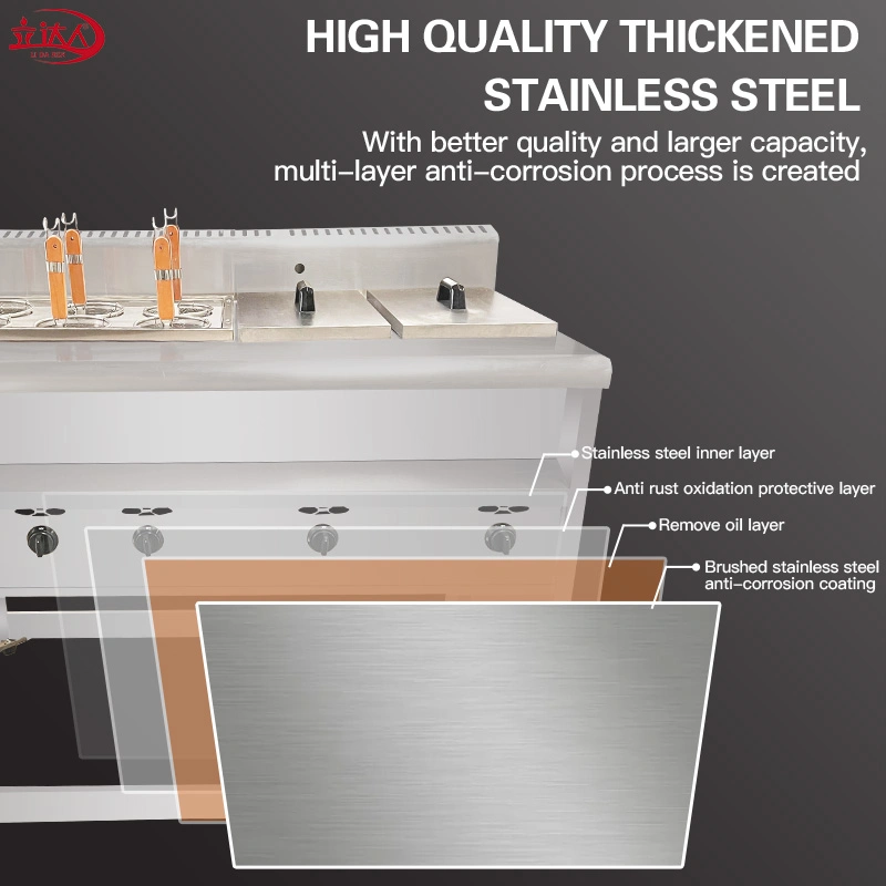 مطعم Lida التجاري من الفولاذ المقاوم للصدأ نظام الغاز 6 سلة معكرونة الغلاية مع مرقيتين من الخيزران و. حوض