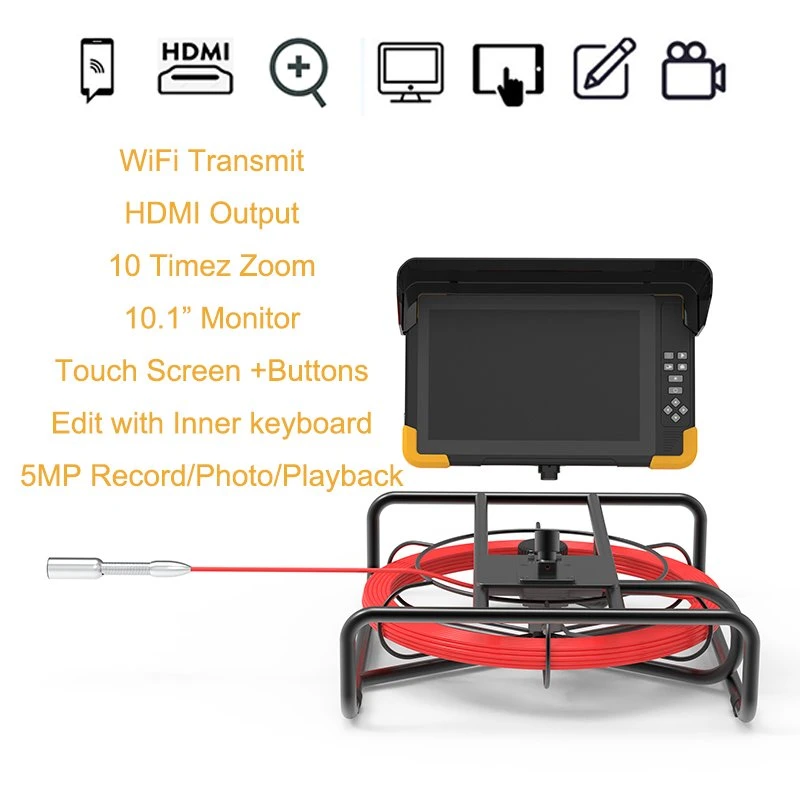 Pantalla táctil de 10,1 pulgadas Monitor de grabación de 23mm de la cámara de acero inoxidable 316L 30-60m de cable de varilla de empuje de 512 Hz y la inspección de la Cámara de alcantarillado de drenaje de nivelación automática