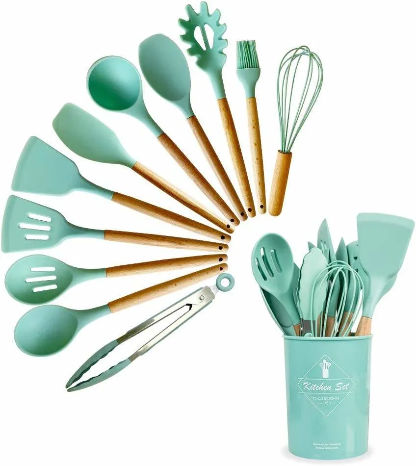 Commerce de gros de haute qualité d'outils de cuisine de qualité alimentaire d'accueil manche en bois ustensile de cuisine en silicone Set 12pcs