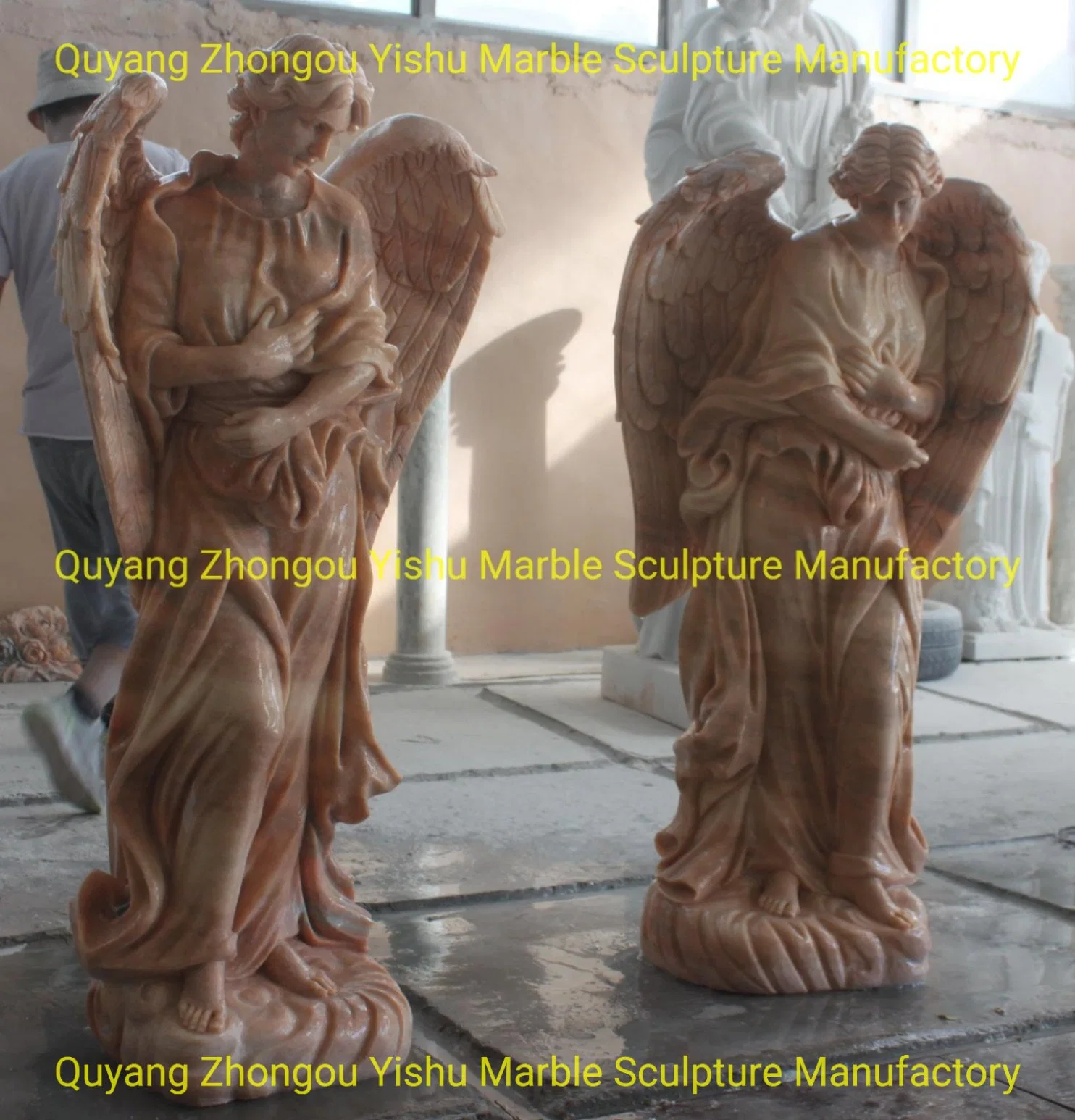 a Pair of Sunglow Marble Angel Sculpture Standing for Memorial