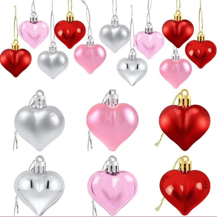 24PCS 4.5cm Shatterproof Heart Shaped Valentine's Day Gift Christmas Ball Ornaments