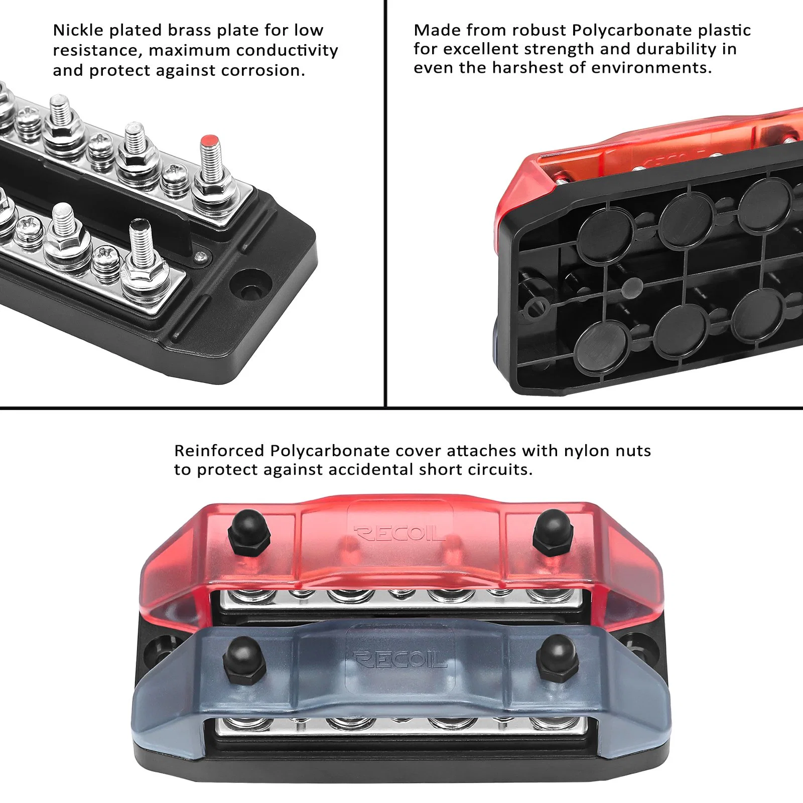 Edge Dbbs43 zweireihige Busschiene positiv und negativ 4 X M5 Bolzen 3 X #8 Schraubanschlussklemmen, Stromversorgung und Masse Verteilerblock mit Ringklemmen (rot und schwarz)