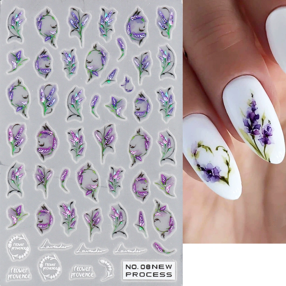 New Design Self Adhesive Nail Art Stickers Lavender Chamomile 5D Flowers Nail Decals