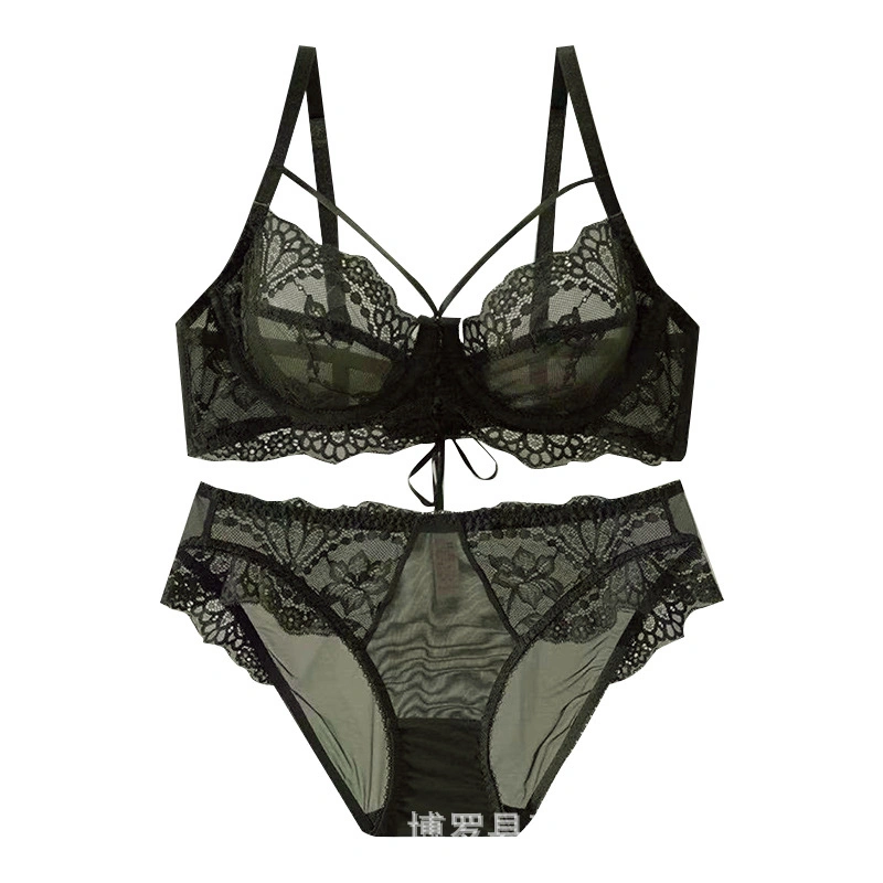 Ensemble de lingerie sexy personnalisé en dentelle légère rose transparente pour femmes, soutien-gorge et sous-vêtements.