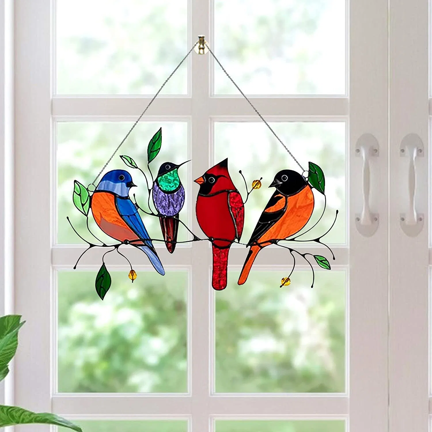 Multicolor Birds on a Wire High Stained Glass Suncatcher Window Panel, Stain Glass Window Hanging, Bird Series Ornaments Pendant Home Decoration Birds Decor