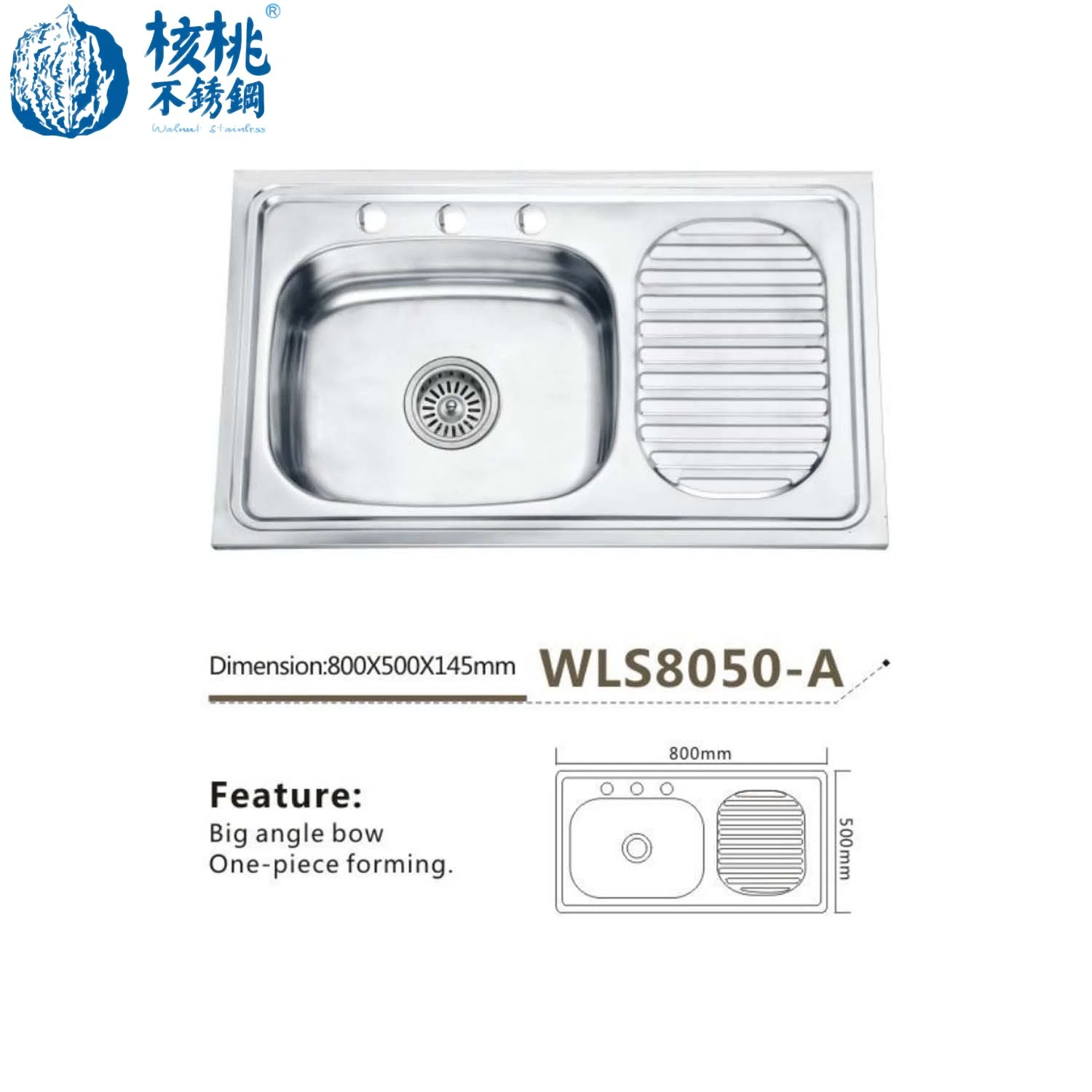 Walnut Factory Price Single Bowl with Drainboard Kitchen Sink SUS304/201drainboard Stainless Steel Polished with Faucet High Quality OEM Factory Wholesale