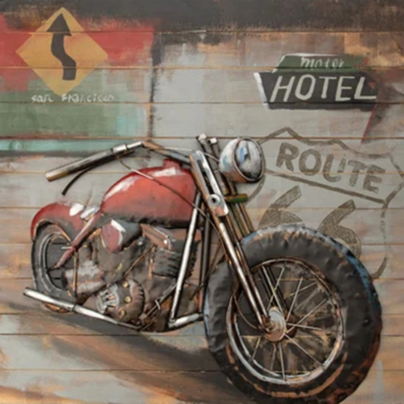 Vancy Arts 3D Metal Wall Art on Wood Route 66 Motorcycle Wall Art Metal Home Decor Original Hand Crafted Oil Painted Masterpiece