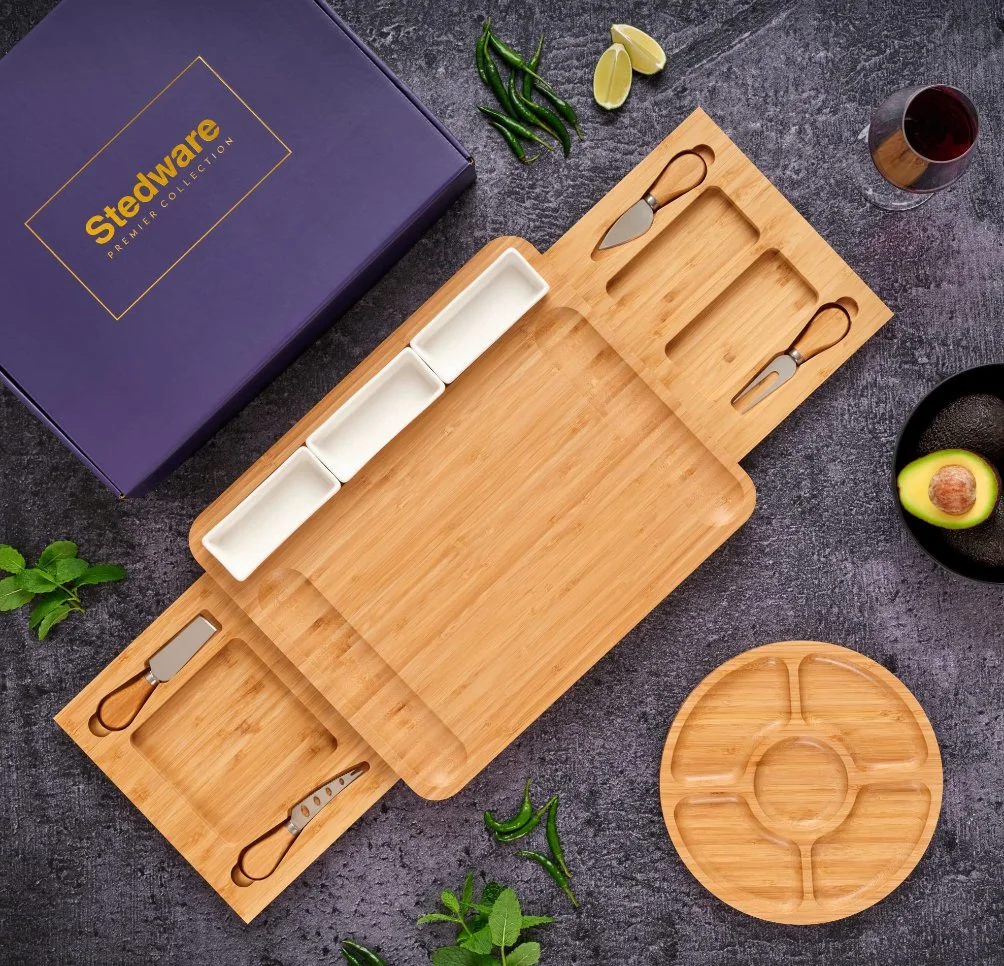 Wurstplatte, Käseplatte, Keramikschalen &amp; Messer Set, extra große Bamboo Platte zum Servieren von Käse, Fleisch - Geschenk für Männer, Frauen, Paare, Anniversa