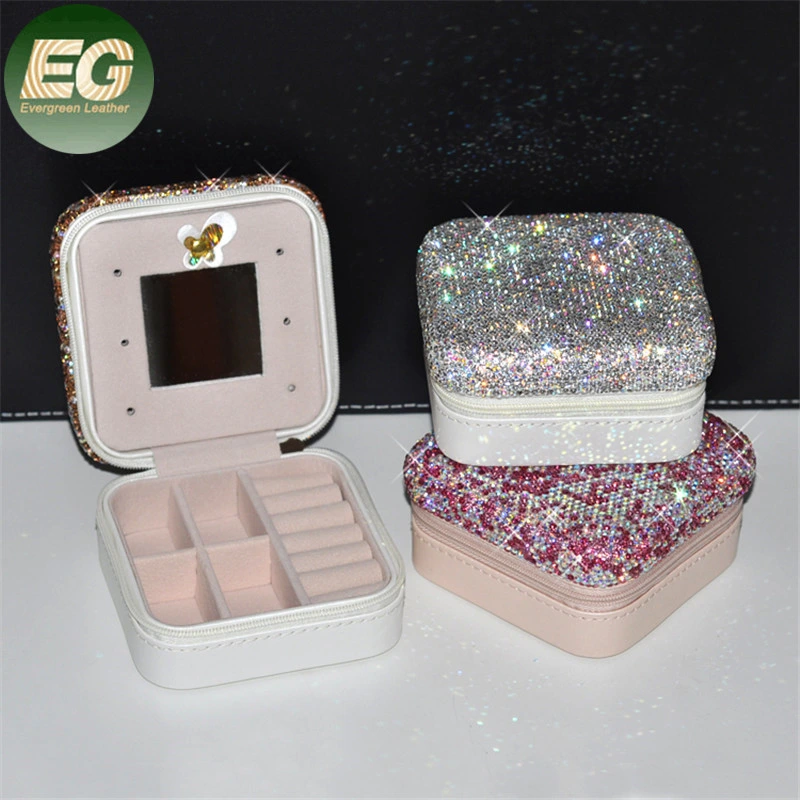 Ea021 Fancy Glitter Kleine Juwelen Organizer Ketten Ringe Ohrringe Halskette Aufbewahrungskoffer mit Diamond Portable Travel Mini Schmuckkästchen