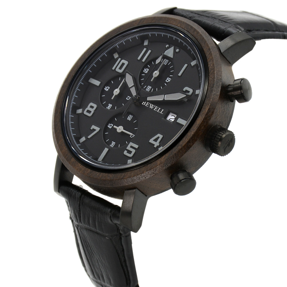 Bewell Fashion Gift Wood&Metal Genuine Leather Man Wrist Wood Watch