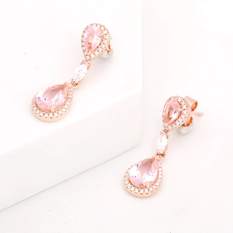Pink Color CZ Water Drop Design 925 Sterling Silver Lovely Earrings Rose Gold Dangle Earrings for Women Wedding Engagement Elegant Jewelry