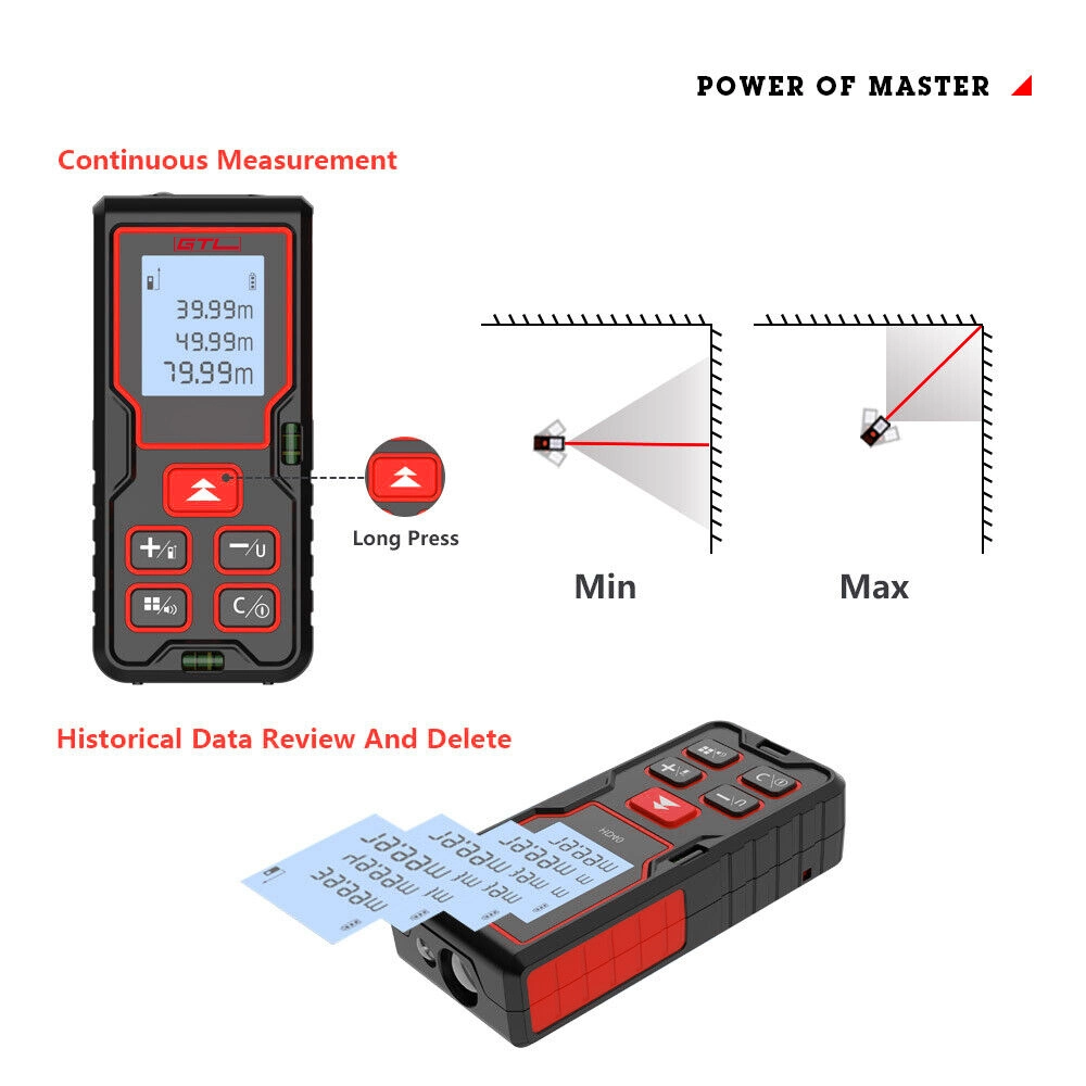 Medidor de distancia láser digital 196FT con 2 niveles de burbuja horizontal (LDM-DK60)