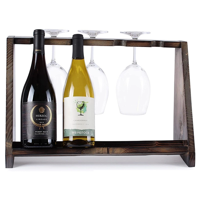 Wood Storage Rack Dining Room Torched Countertop Wine Bottle & Glass Holder