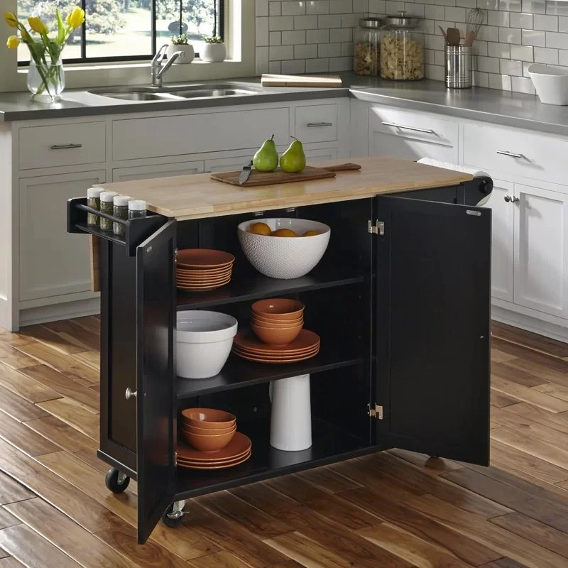 Modern Rolling Kitchen Cart Island with Solid Wood Top with Storage