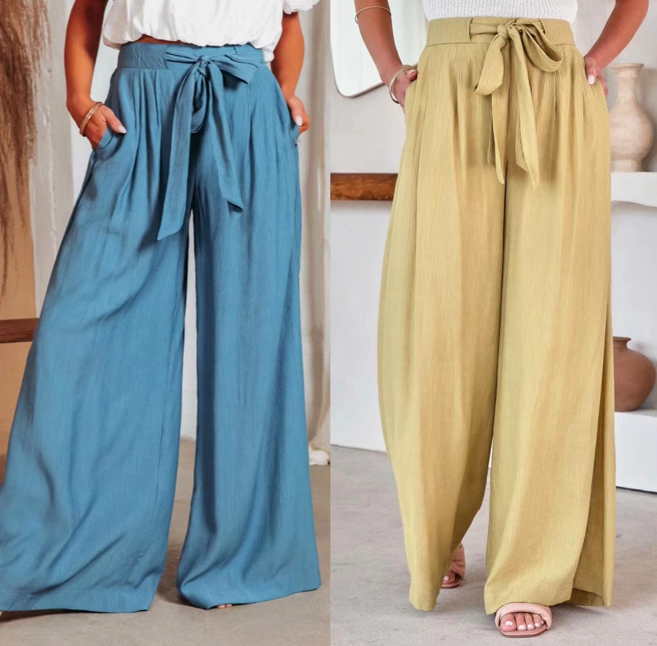 OEM ODM Service Women Breathable Solid Color Wide-Leg Pants Trousers for Summer