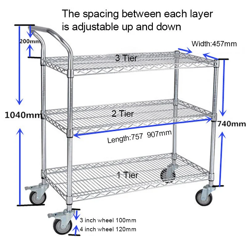 Chrome Plating Line 3-Tier Metal Wheeled Bathroom Hand Carts Trolleys Kitchen Office Mobile Wheeled Bar Carts Trolley Cart