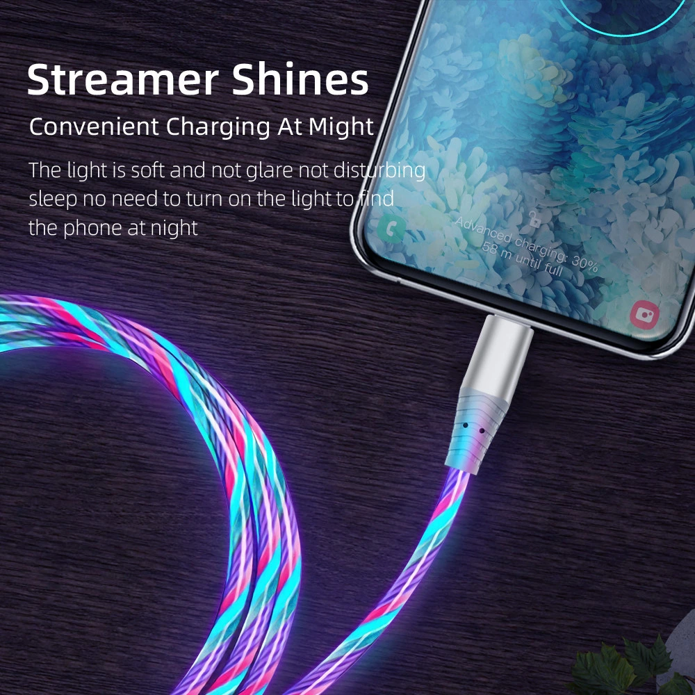 3A Glowing LED Fast Charging Cable USB to Type C Cable for Iphones Mobile Phone