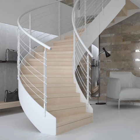 Safety and Stronger Powder Coated Carbon Steel Curved Stairs Beams with Interior Wood Tread Stairs Design for Indoor