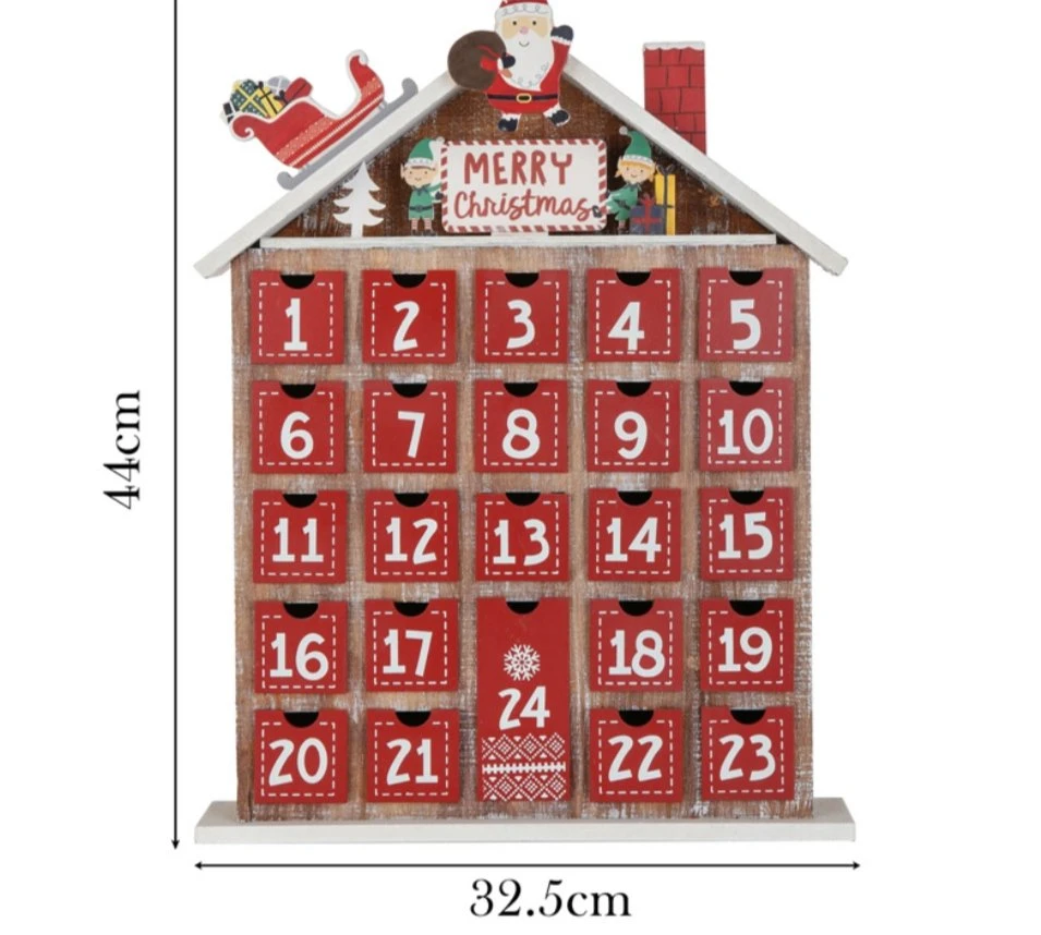 Eaglegifts 24 Jours Arbre de Noël en Bois Maison Rouge Calendrier de l'Avent Compte à Rebours