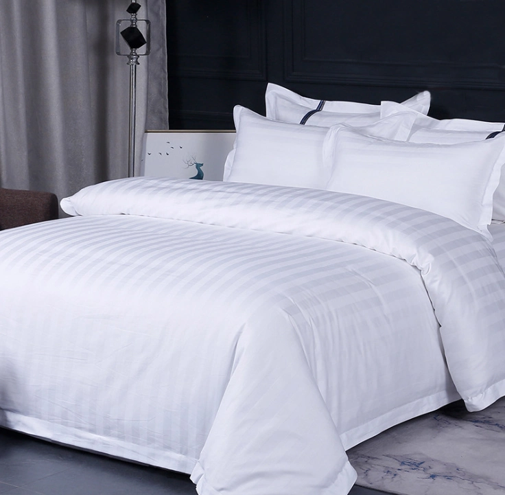 Hotel Linen White Duvet Cover Fitted Bed Sheet Set Stripe 100% Cotton Bedding Set