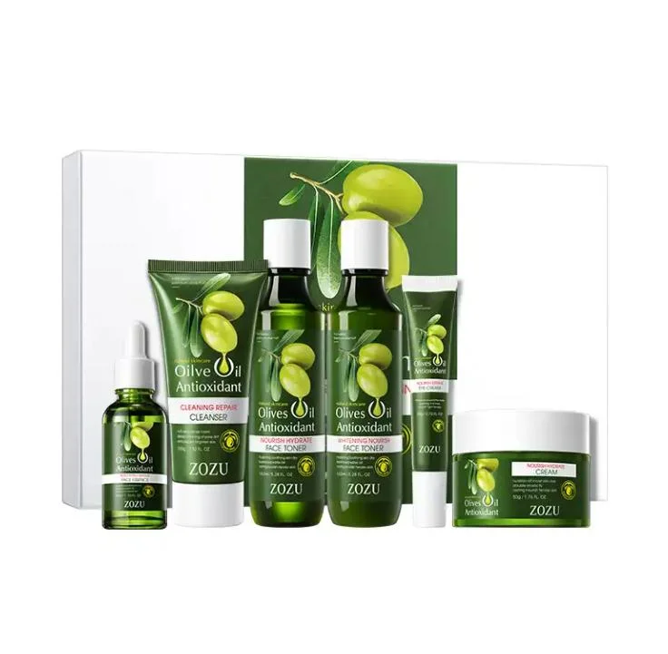 Mayorista en línea en el stock aceite de oliva Anti-arrugas calmante blanqueamiento de seis piezas Set Anti Aging Kit Facial Care Set aceite de Olivos Set de cuidado de la piel antioxidante